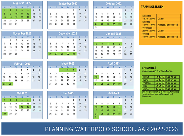 Planning waterpolo 2022-2023 Zwemclub Zeist