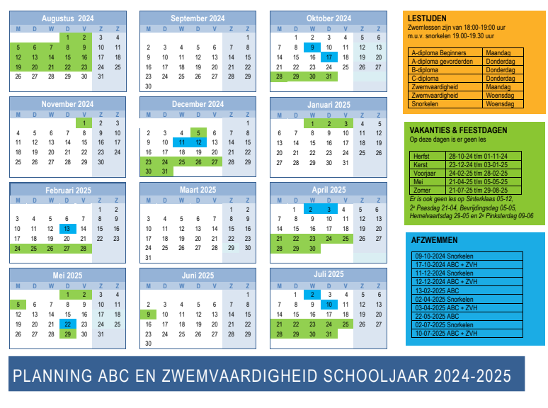 Planning ABC zwemmen en zwemvaardigheid 2024-2025 Zwemclub Zeist