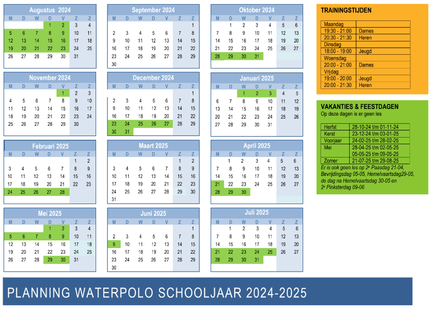 Planning waterpolo 2024-2025 Zwemclub Zeist