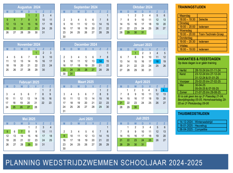 Planning wedstrijdzwemmen 2024-2025 Zwemclub Zeist