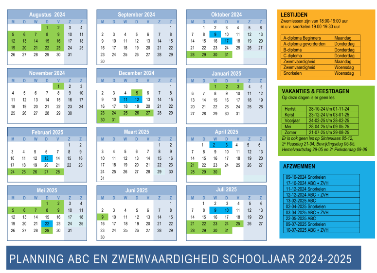 Planning ABC zwemmen en zwemvaardigheid 2024-2025 Zwemclub Zeist